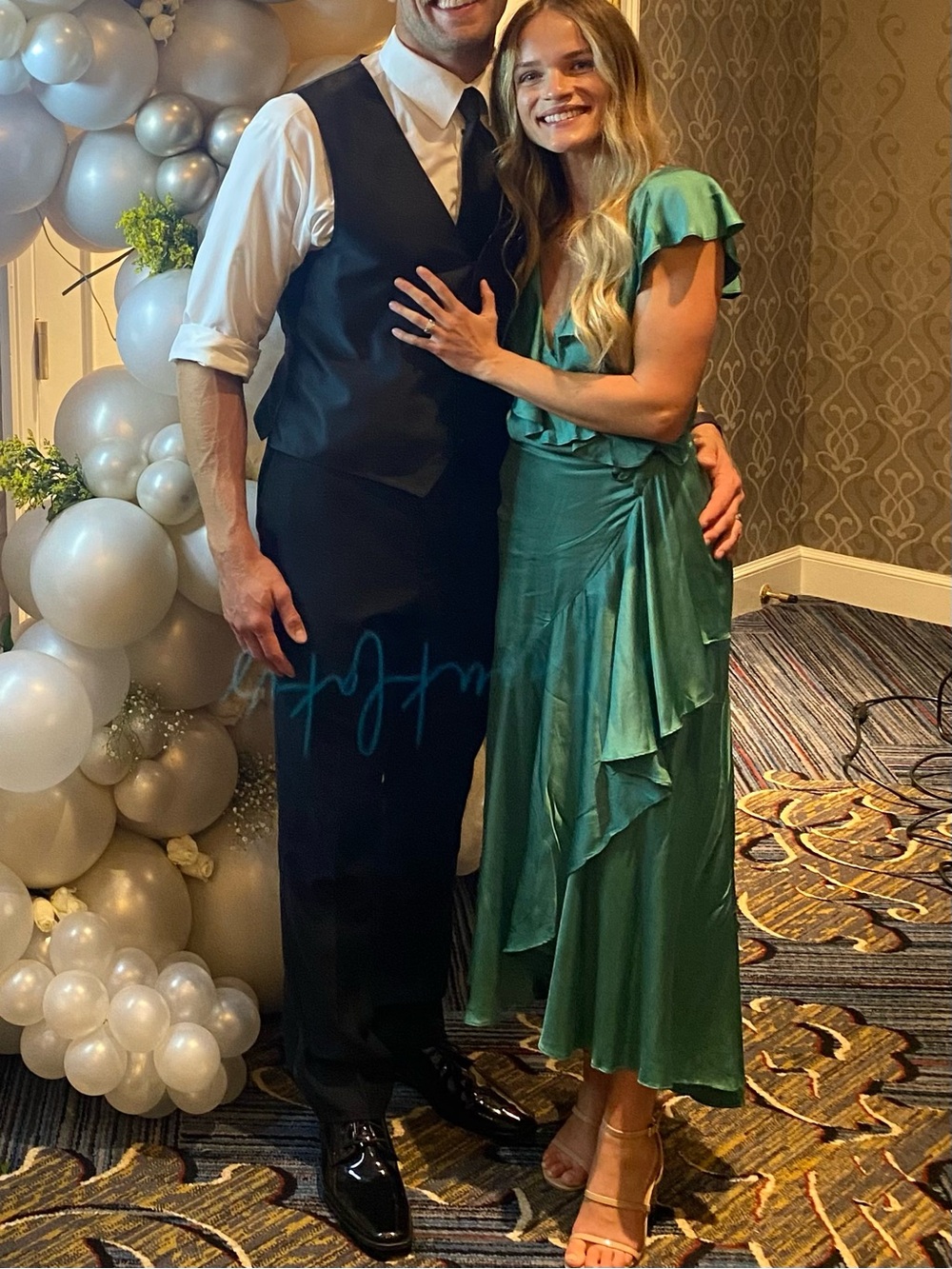 Anthropologie Emerald Green Satin Ruffle Wrap Dress